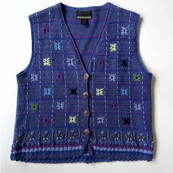 Sigrid Olsen Sport Jackets & Blazers - Vtg 90's Periwinkle Knit Floral Crochet Sz Petite Small Boho Fairy Grunge